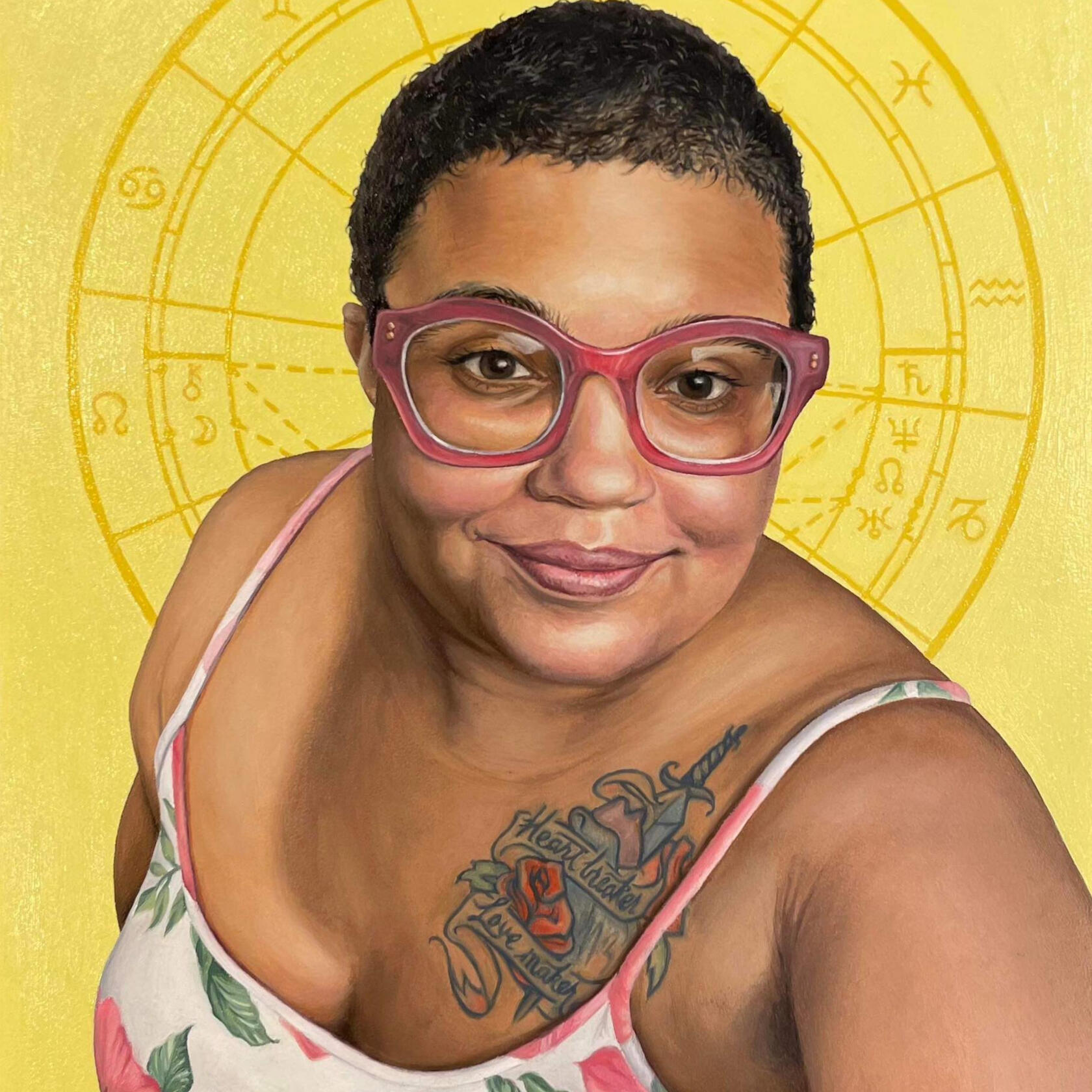 A vibrant painted oil portrait of Bunny Morgan-Brown wearing a white floral spaghetti strap dress on a yellow background that features her natal chart, painted by Emily Sorlien